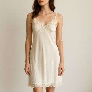 Baronet Vintage Nylon Lace Slip Dress Coquette Cottagecore Bridal White XS/S